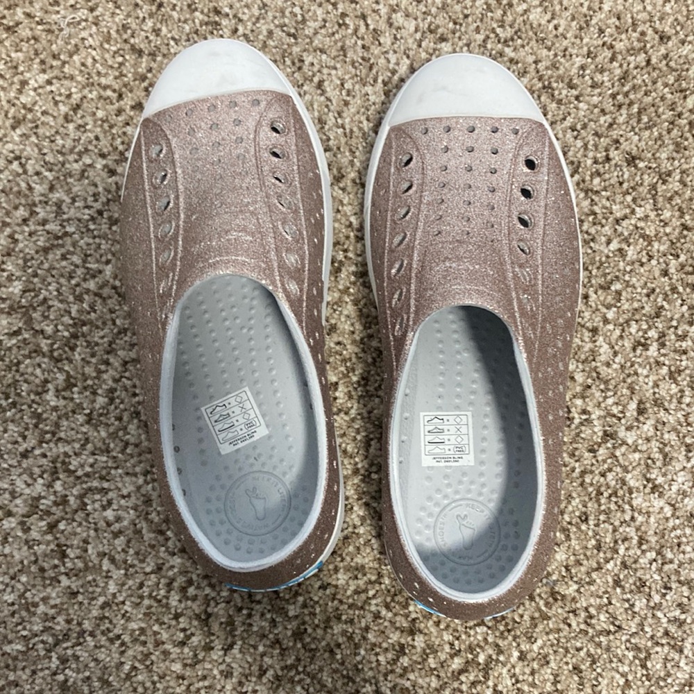 sparkling pink and white shoes